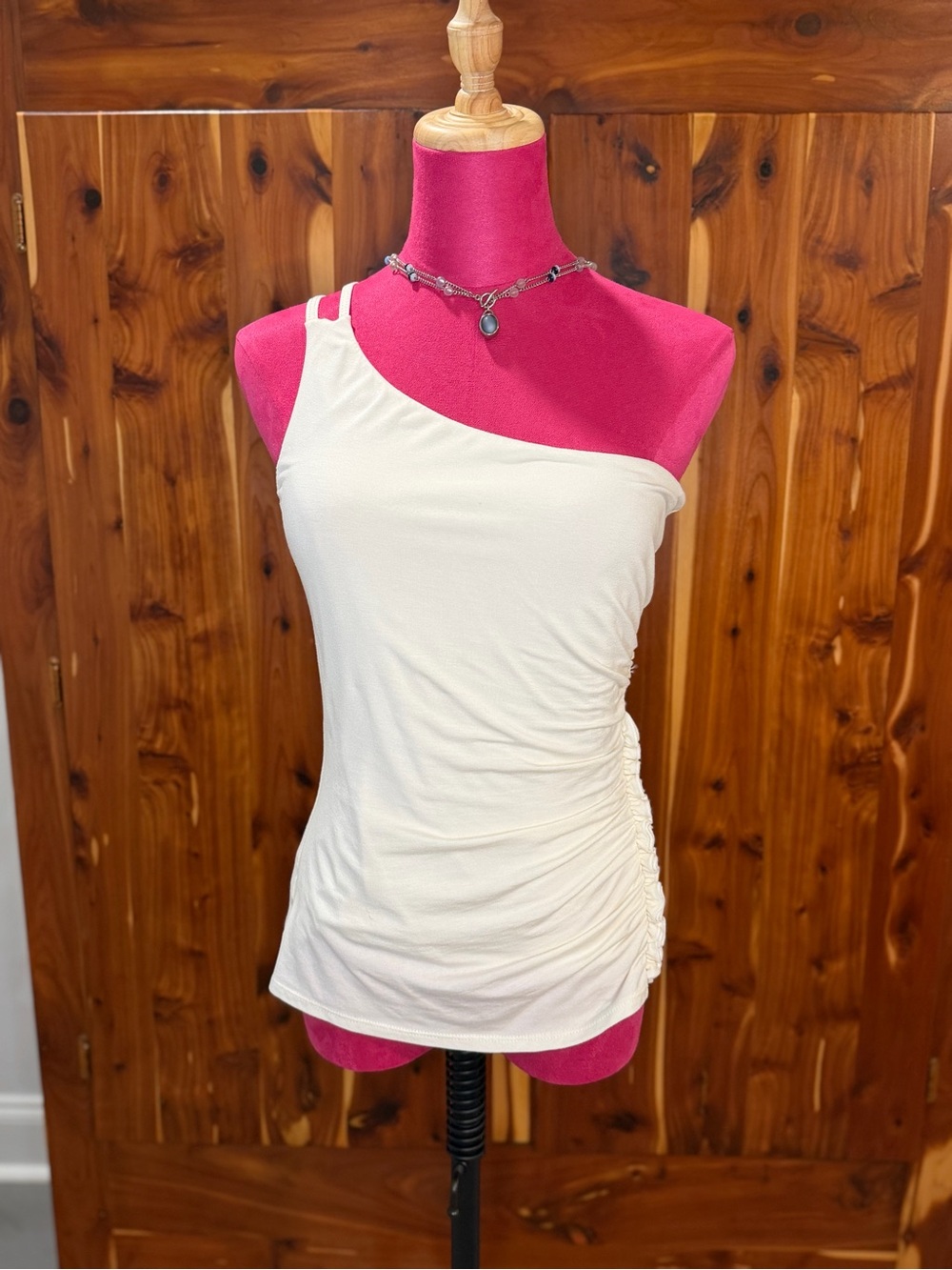 Bailey 44 Cream One-Shoulder Ruched Tank with Double Strap Detail Size Medium